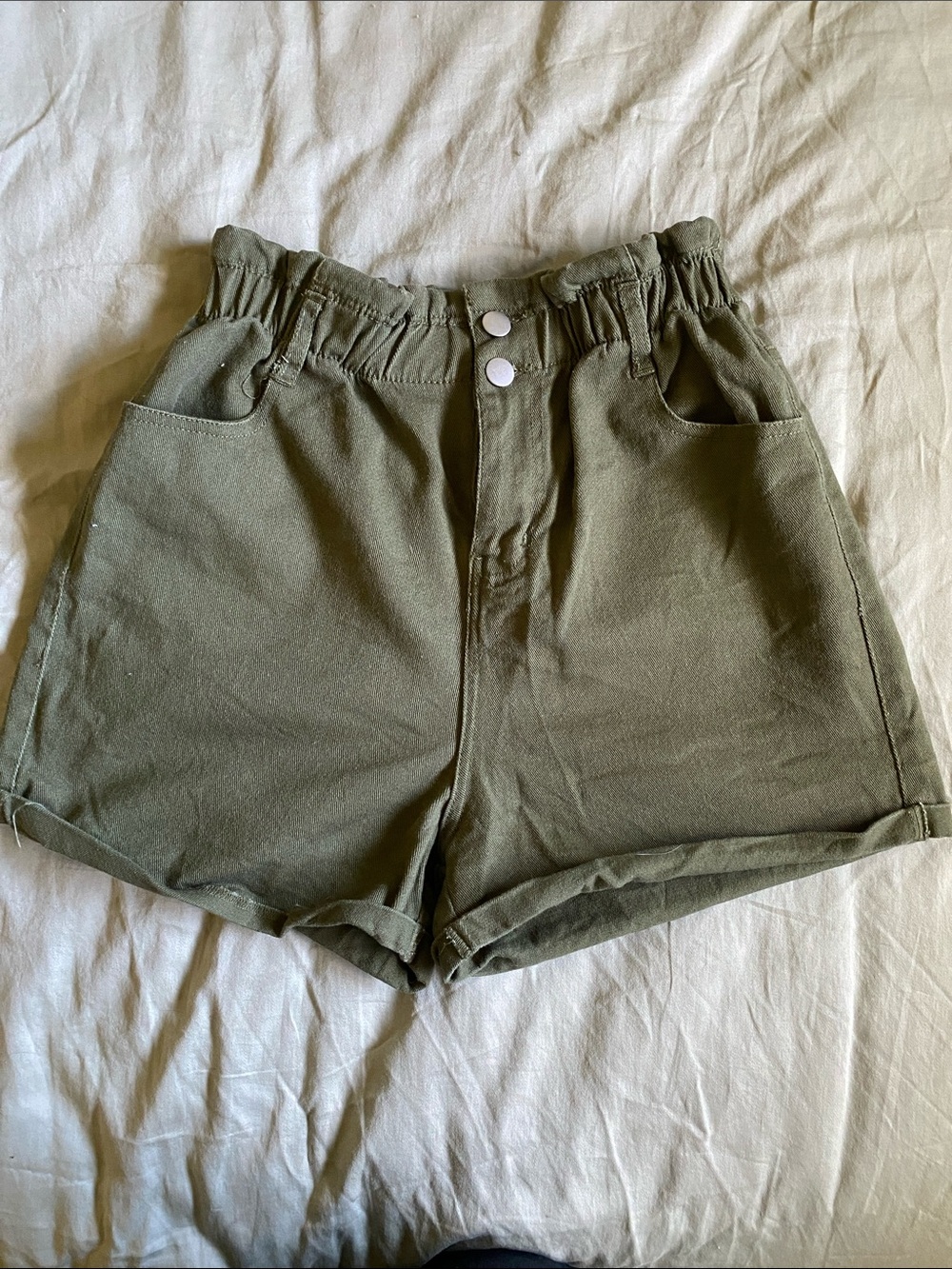 Love Tree Olive Green High-Waist Paperbag Shorts